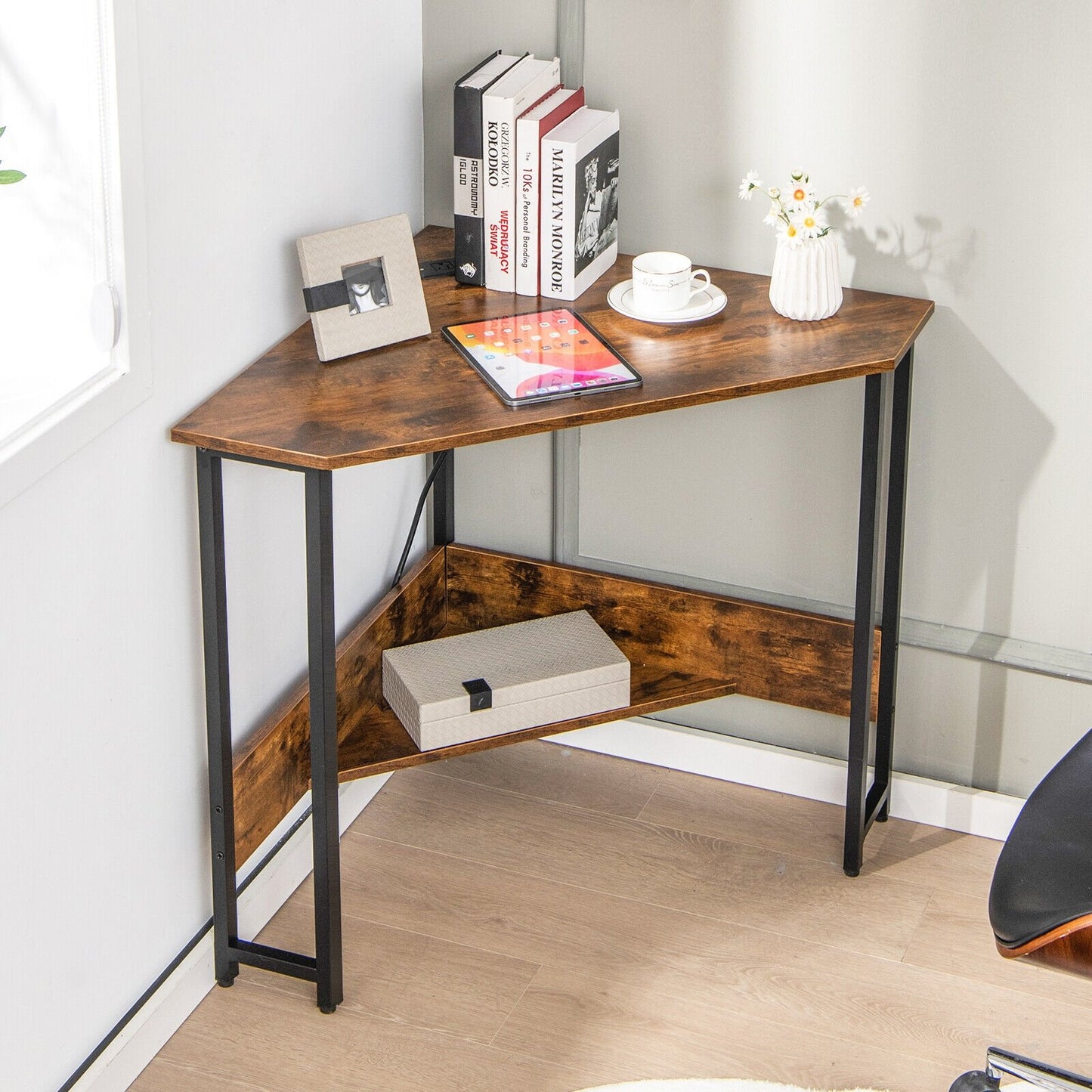 Triangle Computer Corner Desk with Charging Station, Rustic Brown Corner Desks   at Gallery Canada