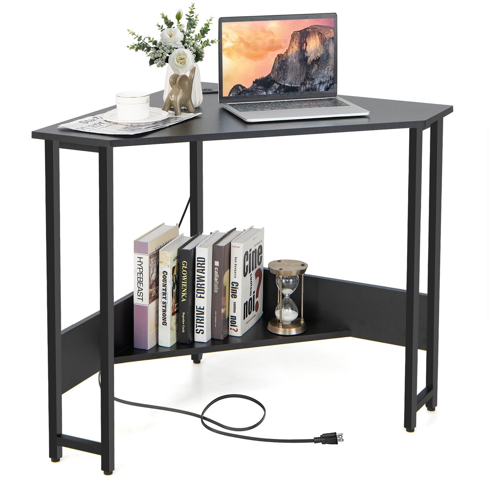 Triangle Computer Corner Desk with Charging Station, Black Corner Desks   at Gallery Canada