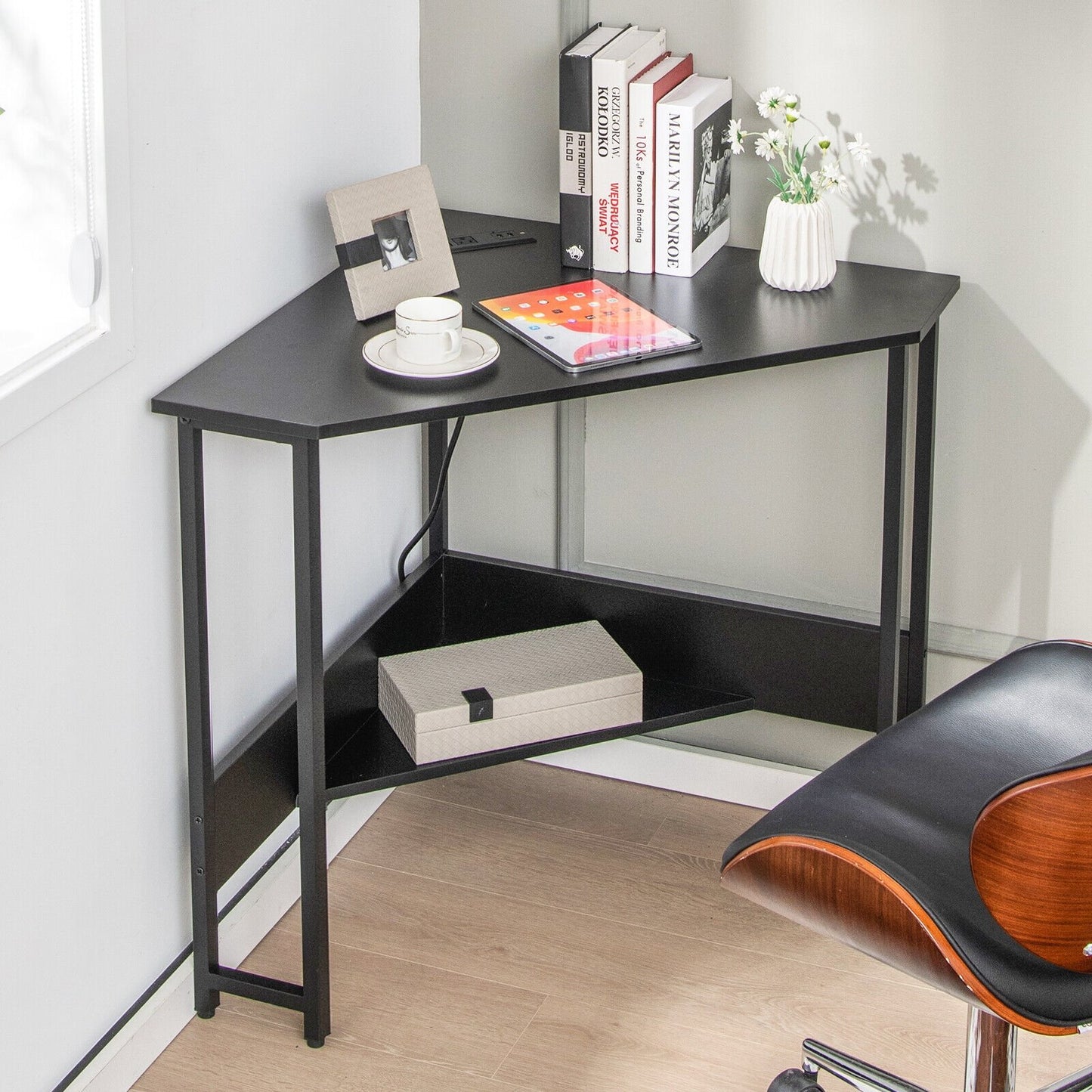 Triangle Computer Corner Desk with Charging Station, Black Corner Desks   at Gallery Canada