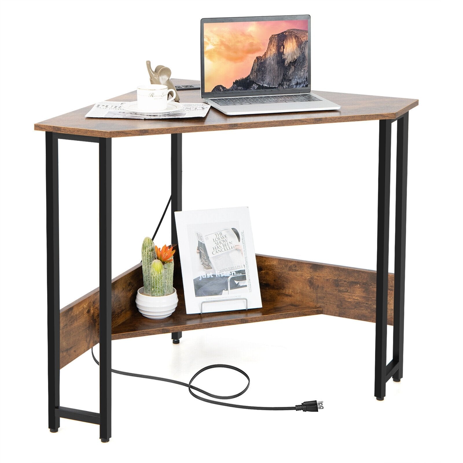 Triangle Computer Corner Desk with Charging Station, Rustic Brown Corner Desks   at Gallery Canada