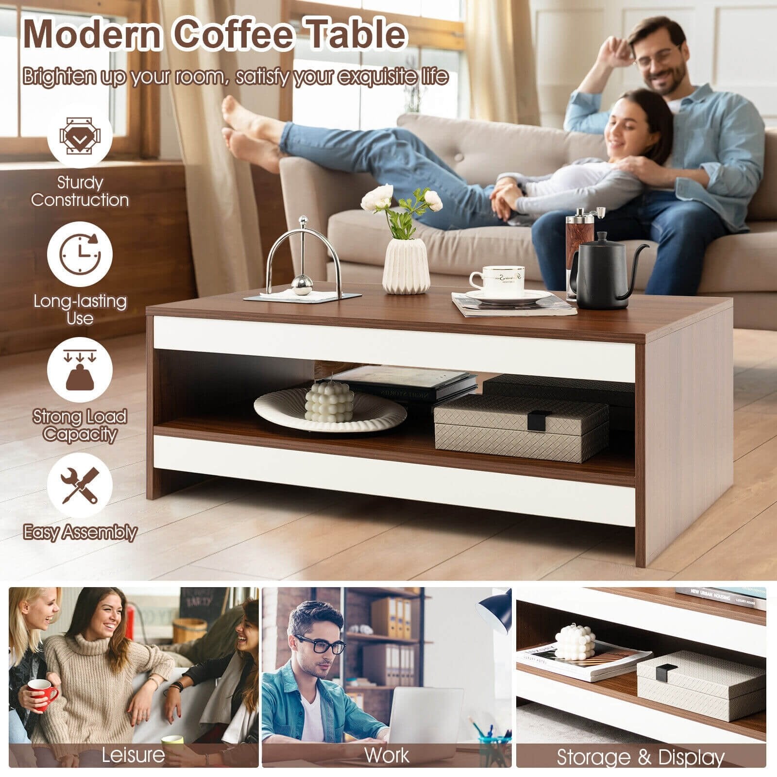 37 Inch 2-Tier Rectangle Wooden Coffee Table with Storage Shelf-Wulnat, Walnut Coffee Tables   at Gallery Canada