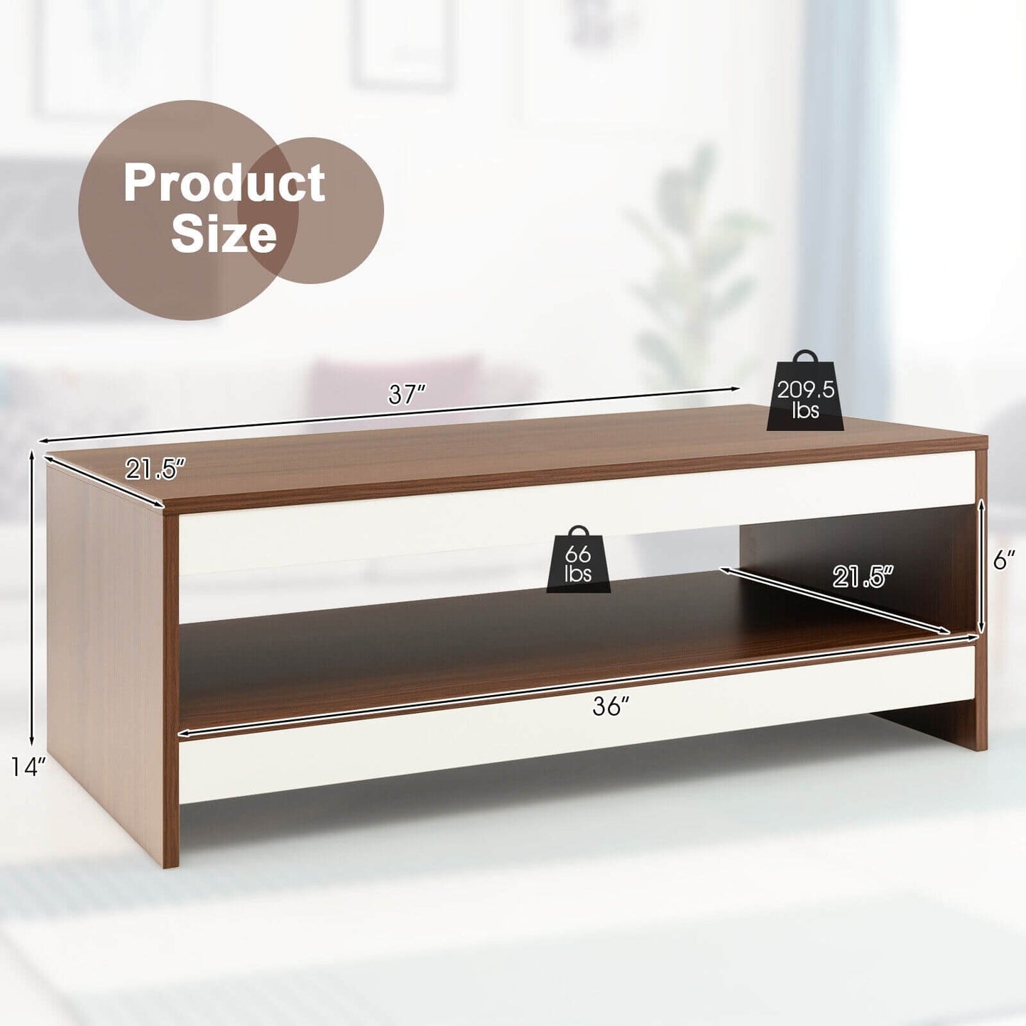 37 Inch 2-Tier Rectangle Wooden Coffee Table with Storage Shelf-Wulnat, Walnut - Gallery Canada