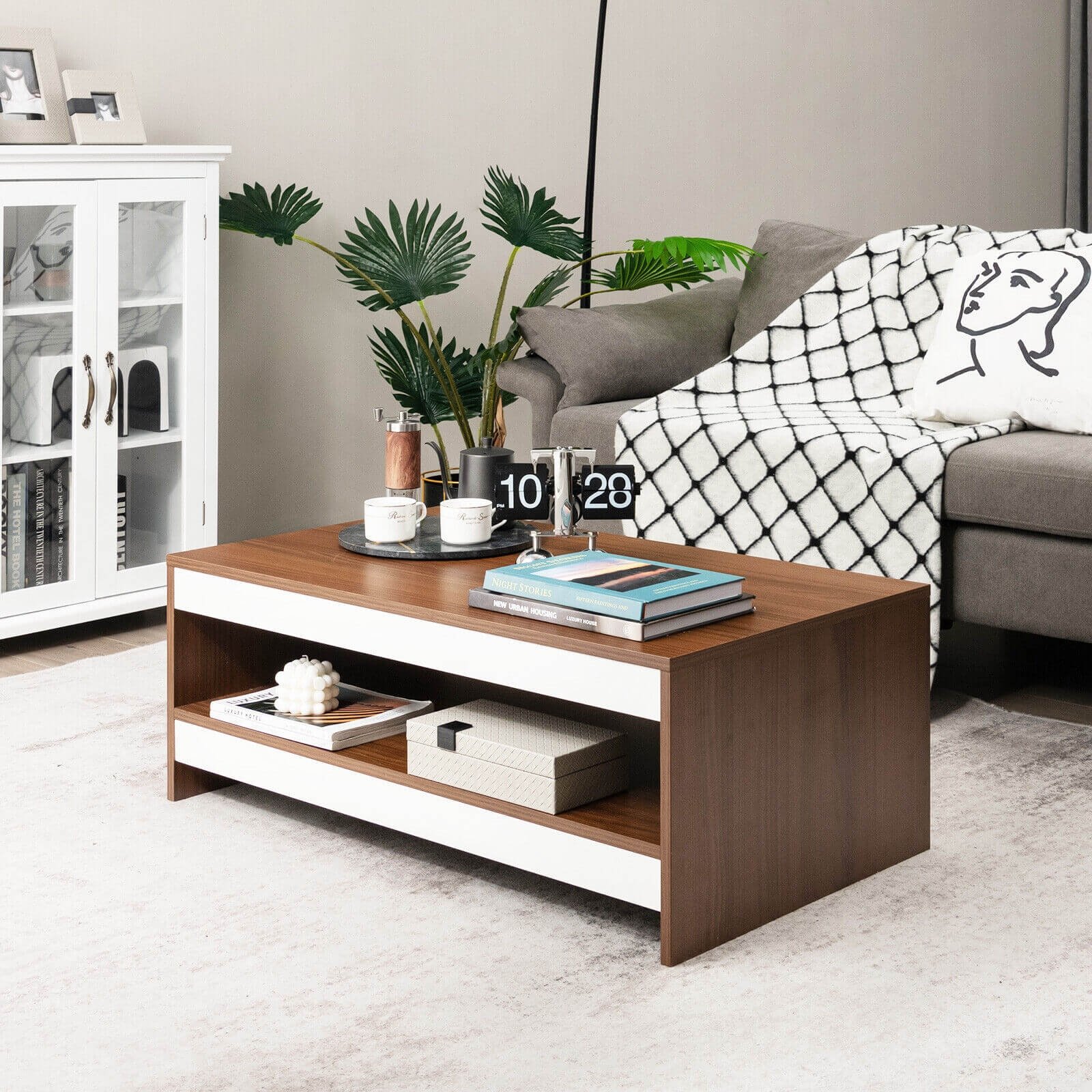 37 Inch 2-Tier Rectangle Wooden Coffee Table with Storage Shelf-Wulnat, Walnut Coffee Tables   at Gallery Canada