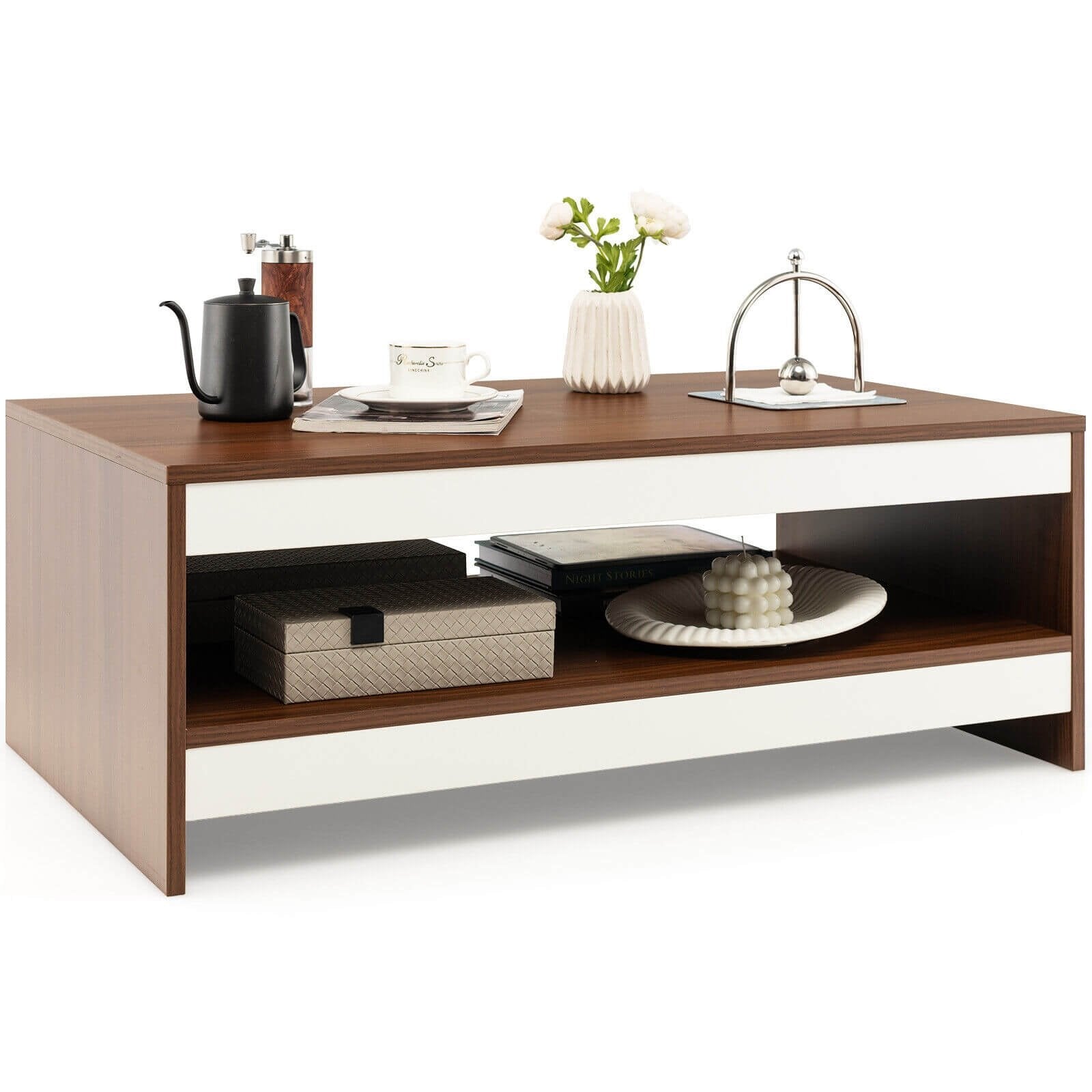 37 Inch 2-Tier Rectangle Wooden Coffee Table with Storage Shelf-Wulnat, Walnut - Gallery Canada