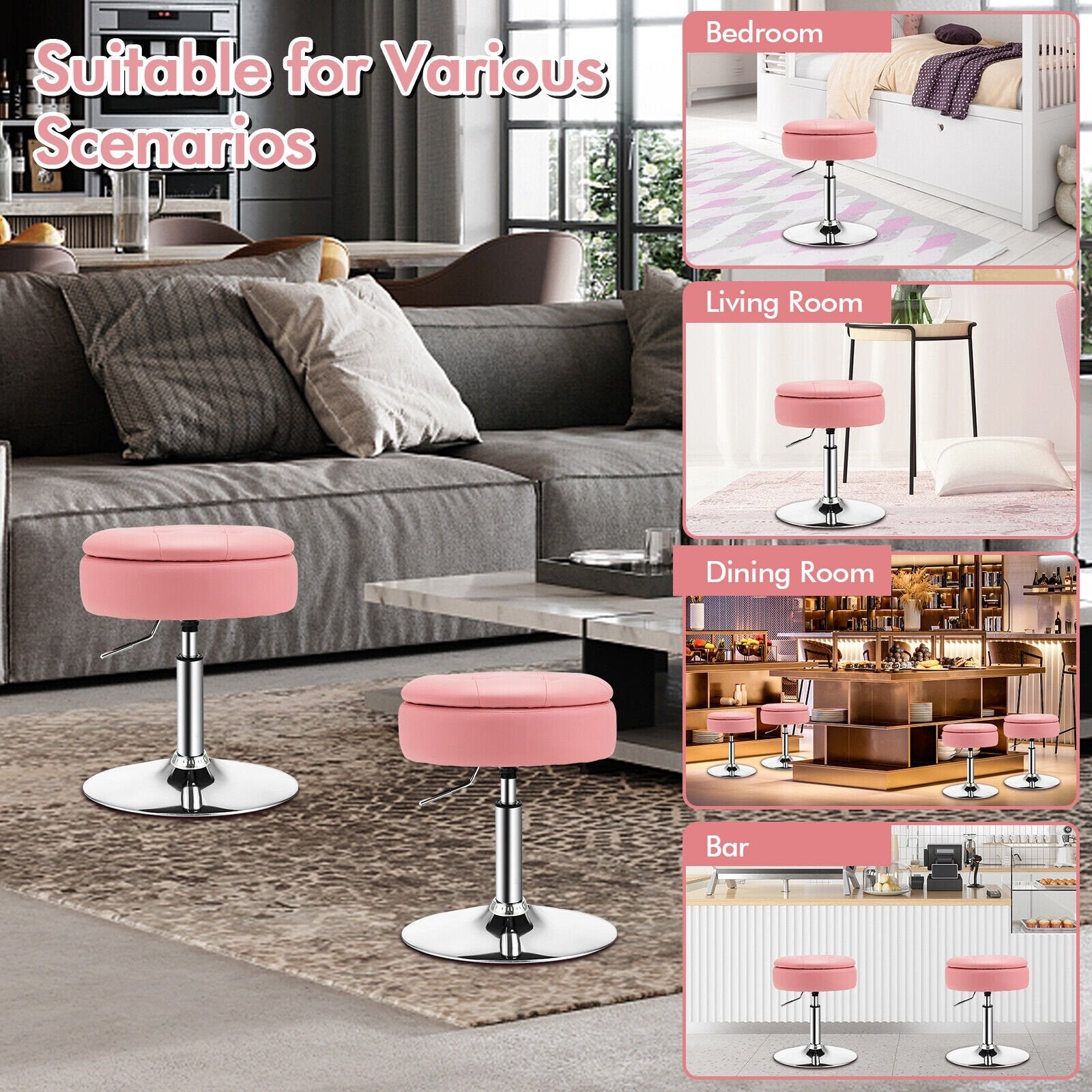 Adjustable 360° Swivel Storage Vanity Stool with Removable Tray, Pink Ottomans   at Gallery Canada