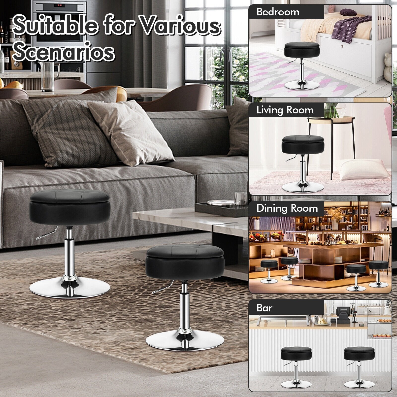 Adjustable 360° Swivel Storage Vanity Stool with Removable Tray, Black Ottomans   at Gallery Canada