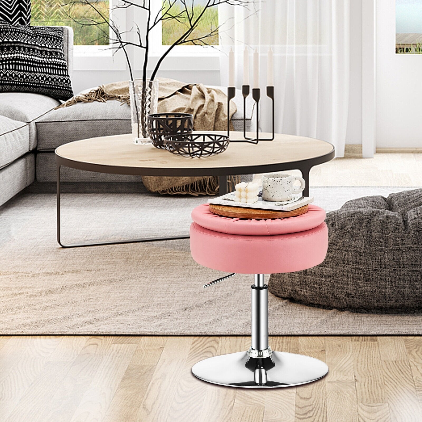 Adjustable 360° Swivel Storage Vanity Stool with Removable Tray, Pink Ottomans   at Gallery Canada