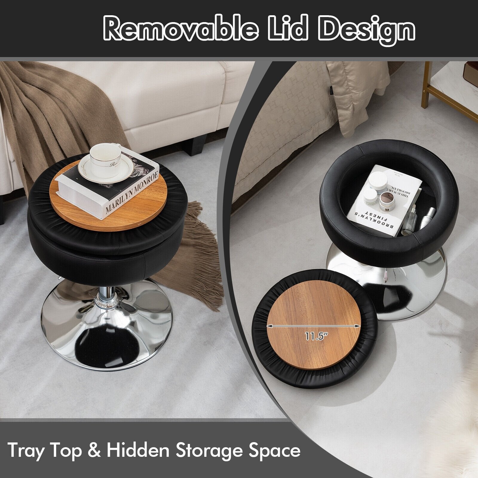 Adjustable 360° Swivel Storage Vanity Stool with Removable Tray, Black Ottomans   at Gallery Canada