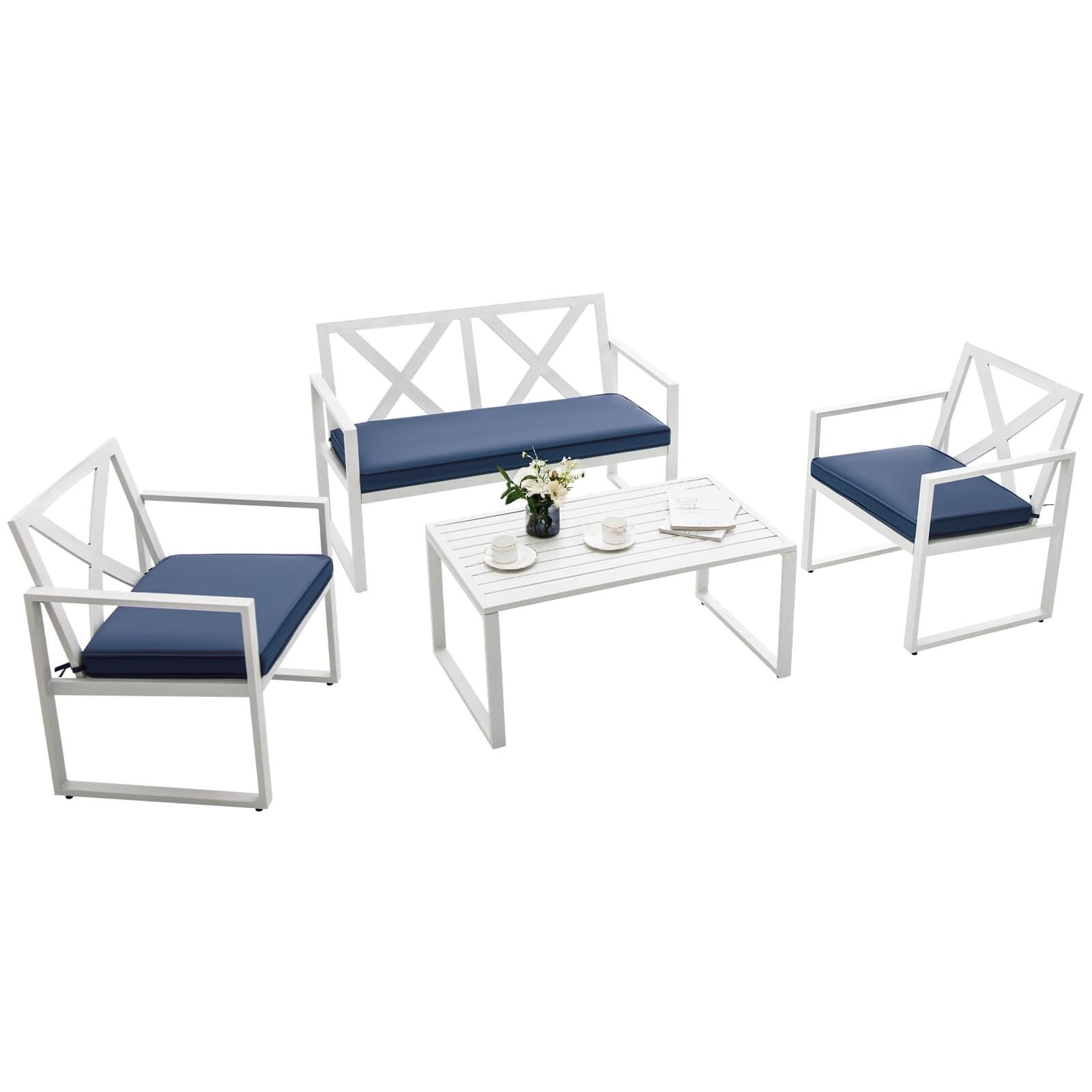 4 Pieces Outdoor Conversation Set with Sturdy Steel Frame, White Patio Conversation Sets   at Gallery Canada