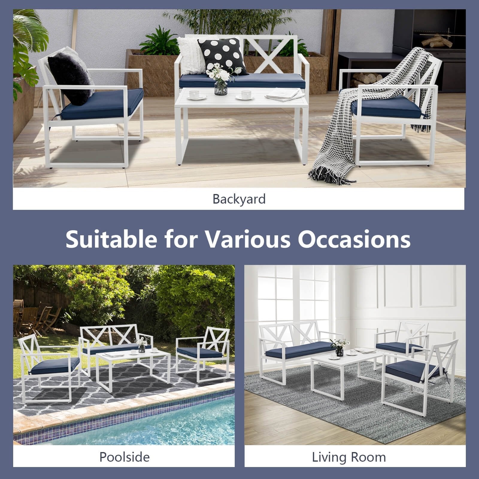 4 Pieces Outdoor Conversation Set with Sturdy Steel Frame, White Patio Conversation Sets   at Gallery Canada