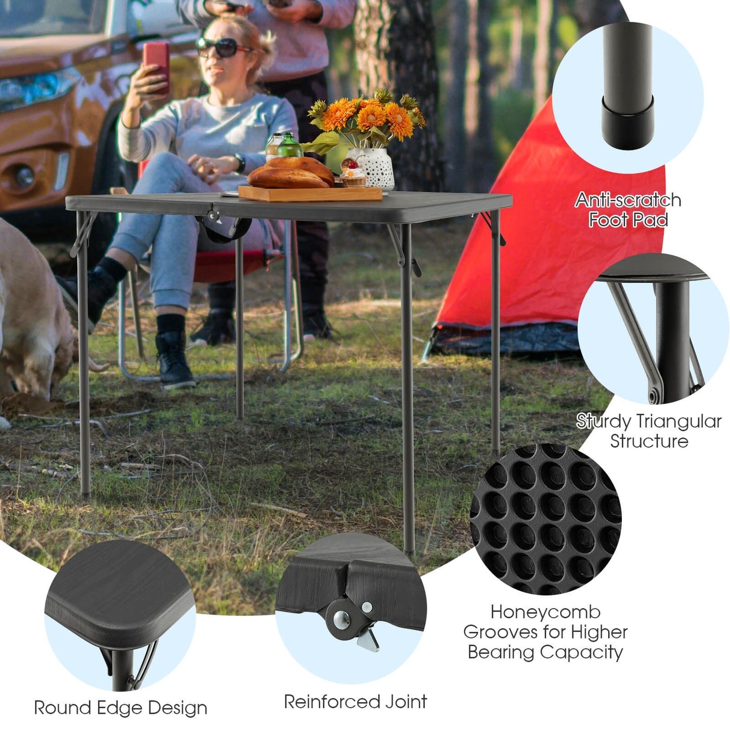 Folding Camping Table with All-Weather HDPE Tabletop and Rustproof Steel Frame, Gray - Gallery Canada