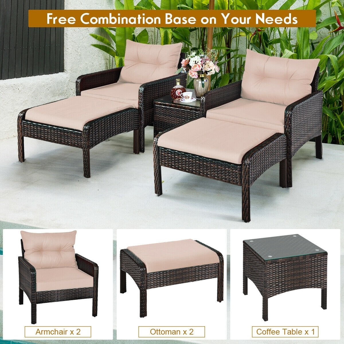 5 Pcs Patio Rattan Wicker Sofa Furniture Set , Beige - Gallery Canada