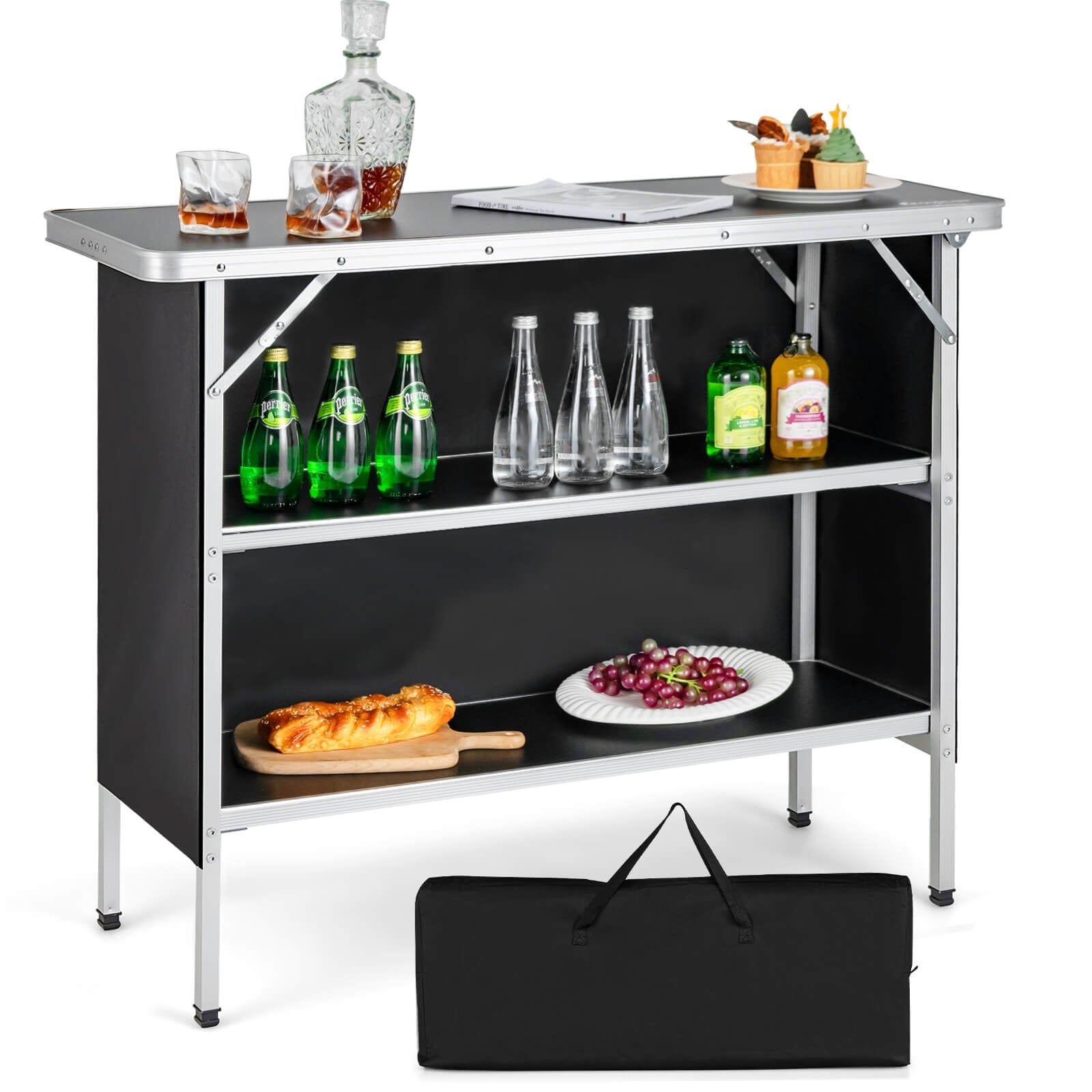Folding Camping Table with 2-Tier Open Shelves for Outdoor BBQ, Black - Gallery Canada