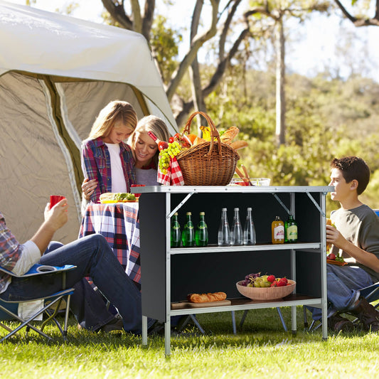 Folding Camping Table with 2-Tier Open Shelves for Outdoor BBQ, Coffee - Gallery Canada
