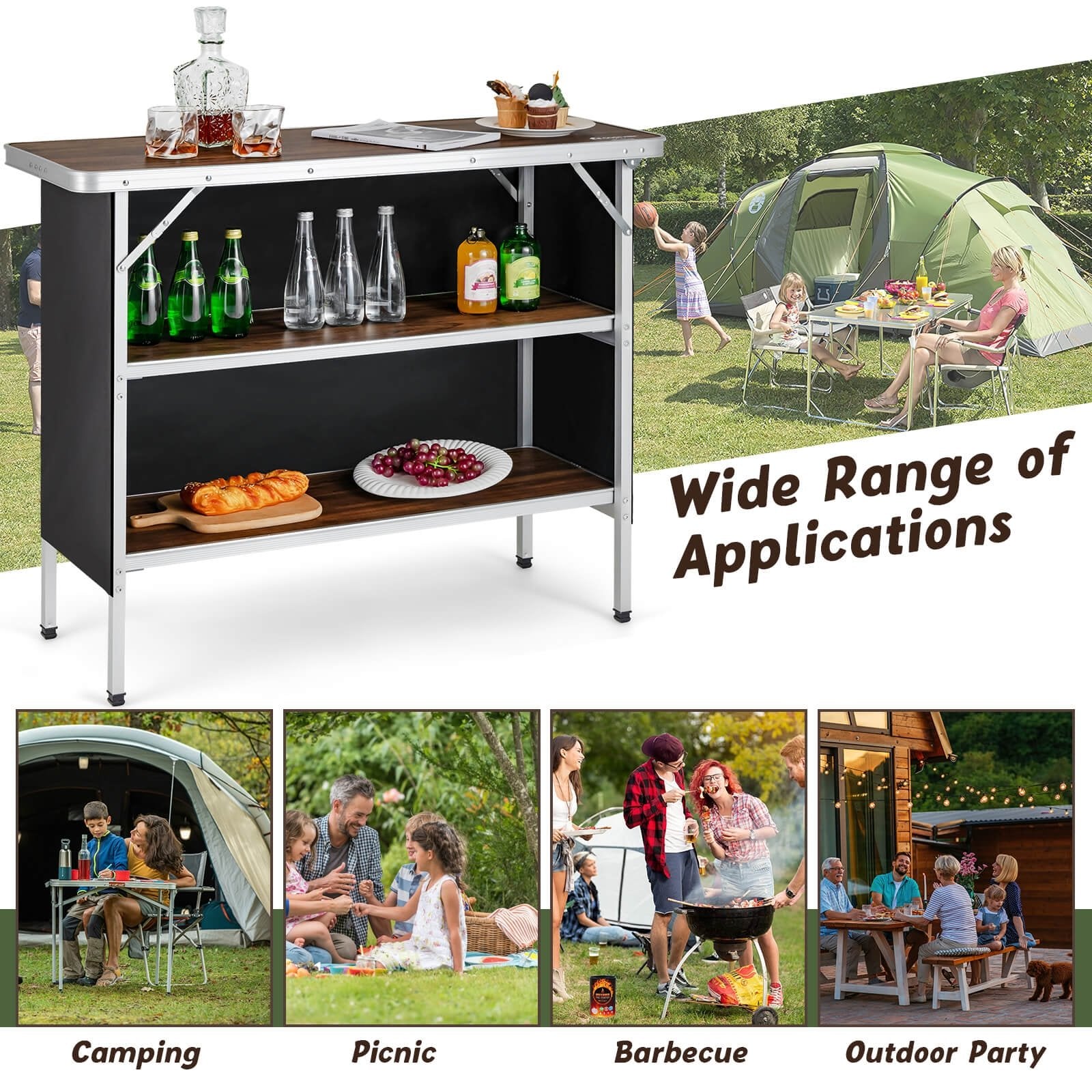 Folding Camping Table with 2-Tier Open Shelves for Outdoor BBQ, Coffee Camping Furniture   at Gallery Canada