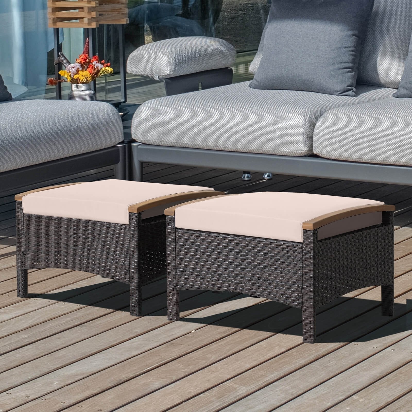 Set of 2 Fade-Resistant Wicker Patio Ottoman, Brown Outdoor Seating & Patio Chairs   at Gallery Canada