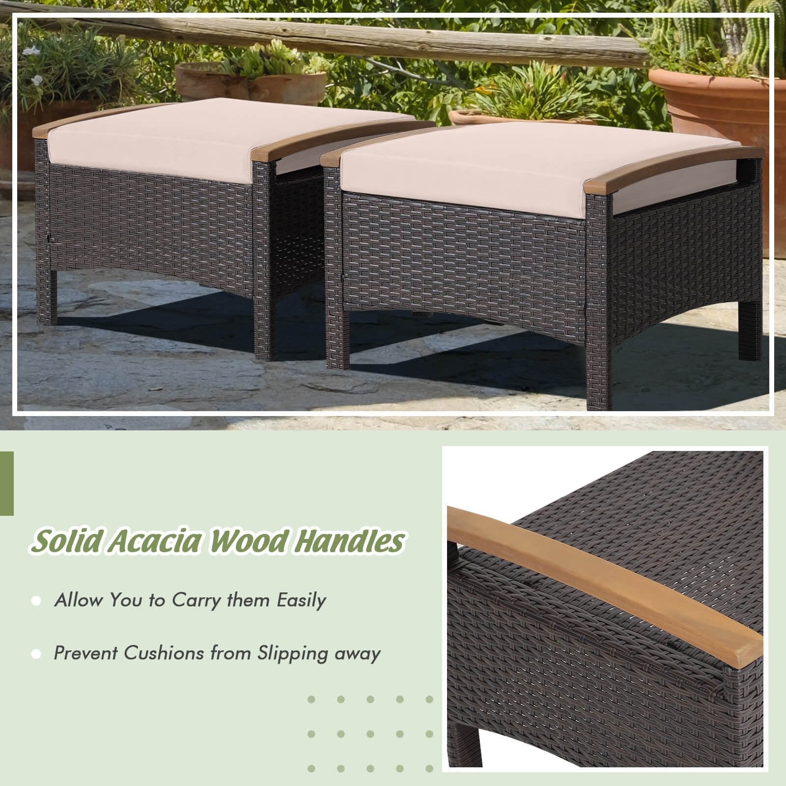 Set of 2 Fade-Resistant Wicker Patio Ottoman, Brown Outdoor Seating & Patio Chairs   at Gallery Canada