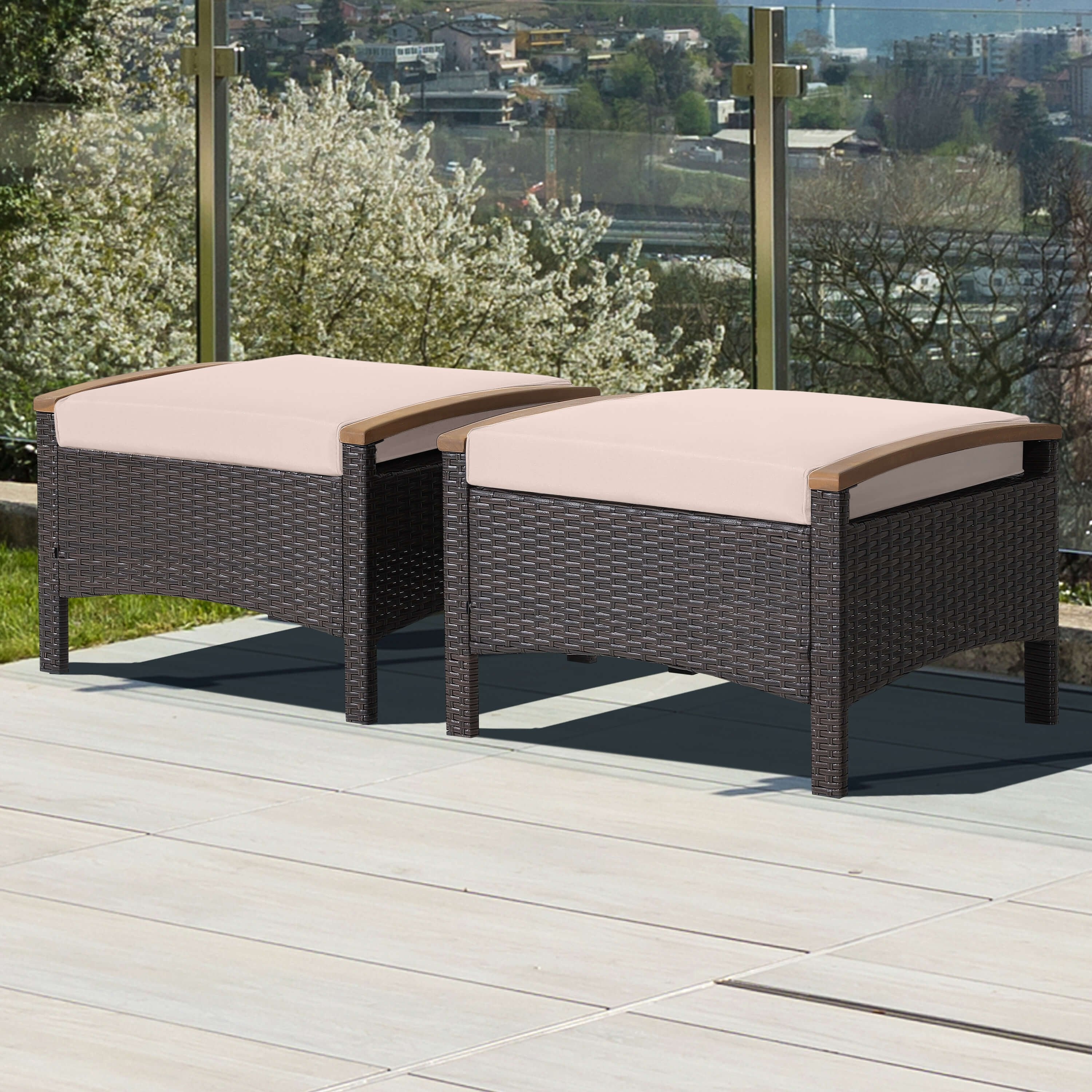 Set of 2 Fade-Resistant Wicker Patio Ottoman, Brown Outdoor Seating & Patio Chairs   at Gallery Canada