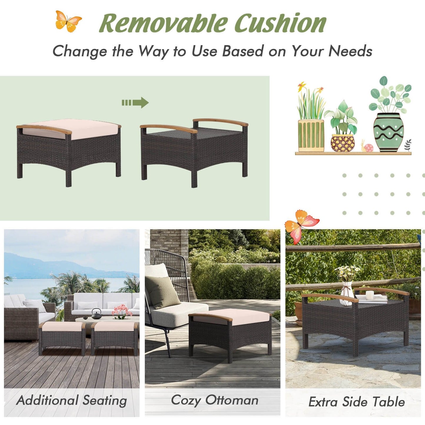 Set of 2 Fade-Resistant Wicker Patio Ottoman, Brown Outdoor Seating & Patio Chairs   at Gallery Canada