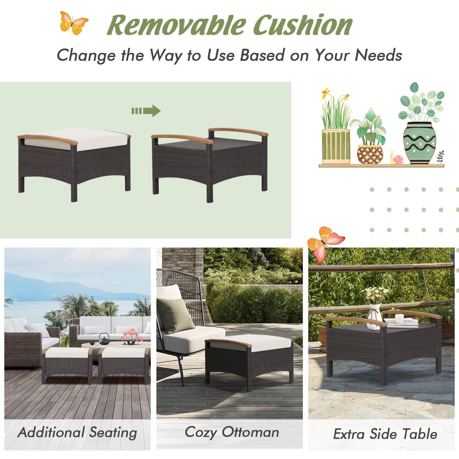 Set of 2 Fade-Resistant Wicker Patio Ottoman, White Outdoor Seating & Patio Chairs   at Gallery Canada