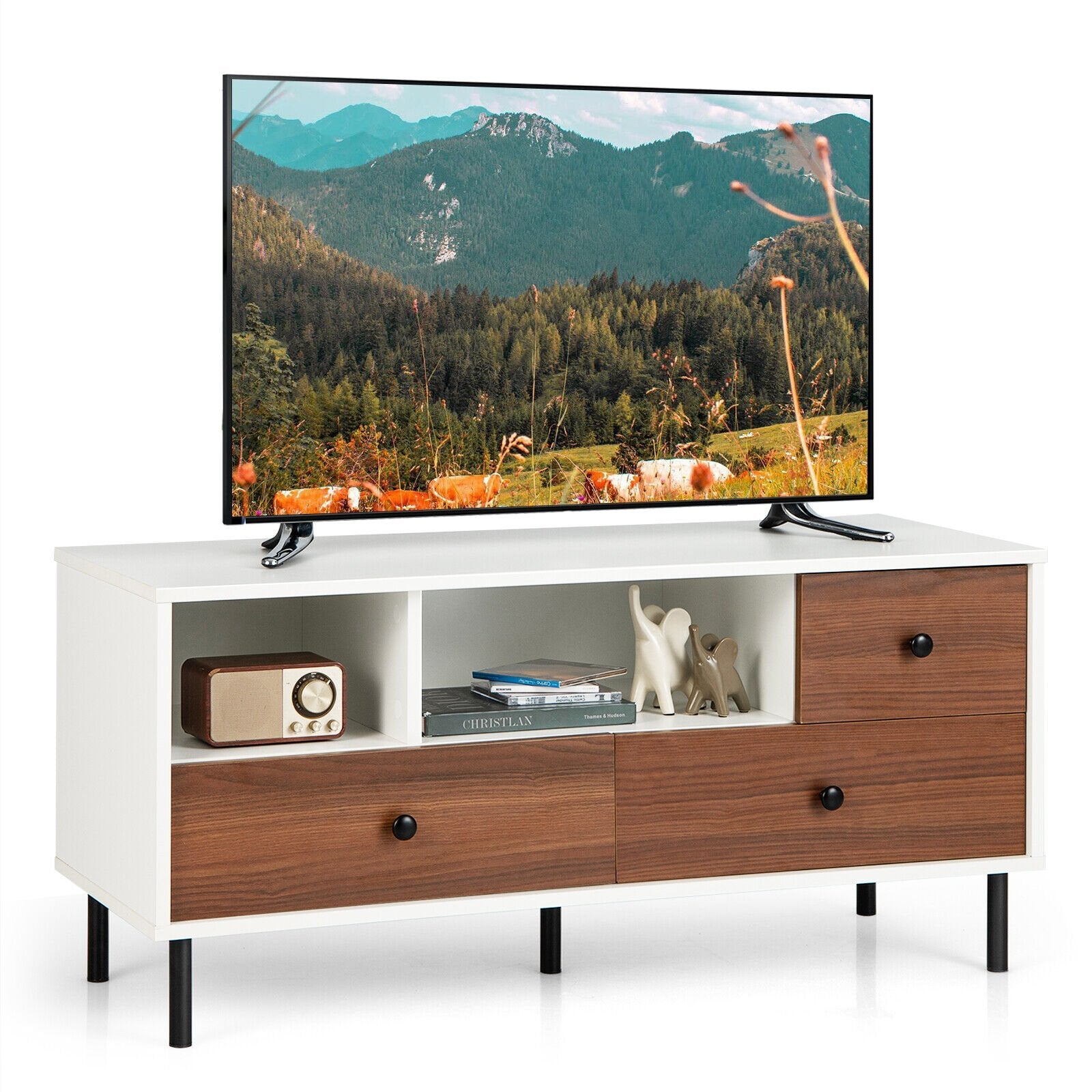 Mid-Century TV Stand for 50-inch TVs with 2 Cubbies and 3 Drawers, Brown & White Entertainment Centers & TV Stands   at Gallery Canada