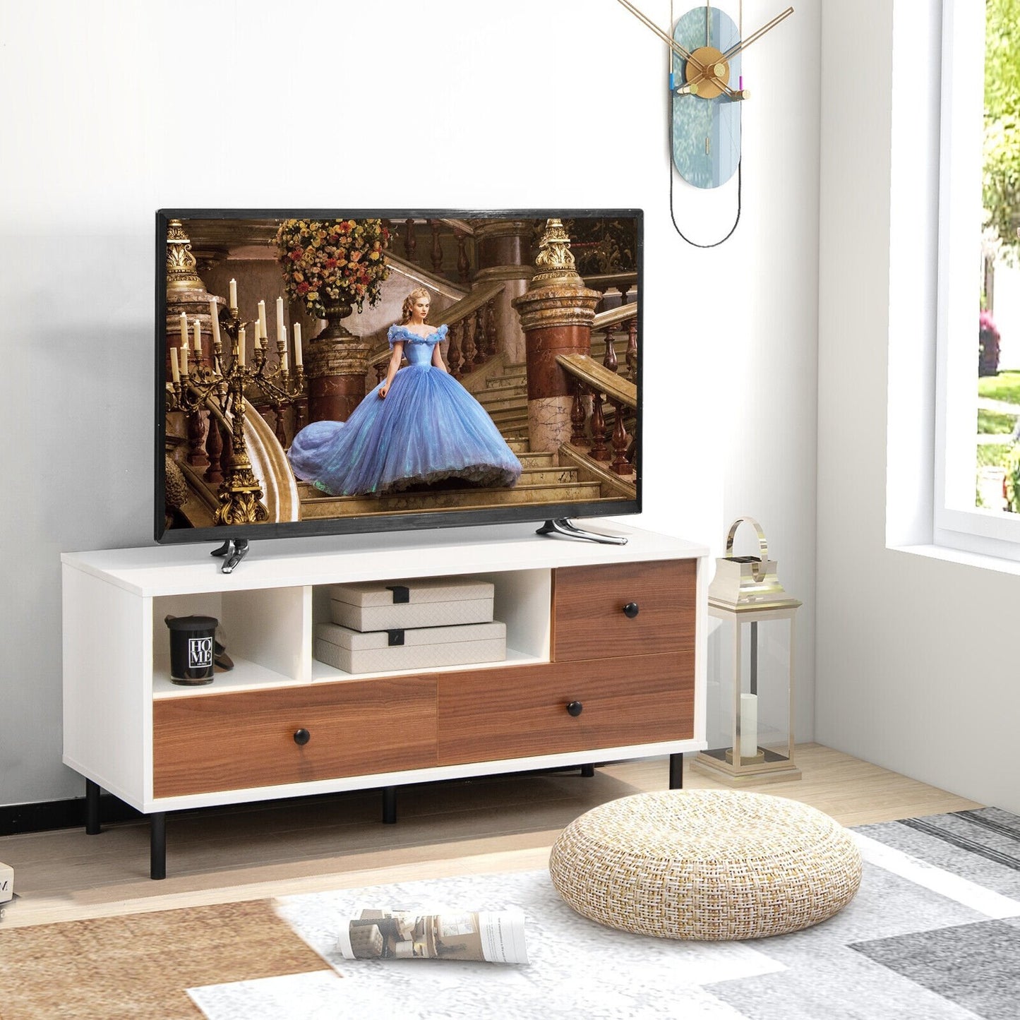 Mid-Century TV Stand for 50-inch TVs with 2 Cubbies and 3 Drawers, Brown & White Entertainment Centers & TV Stands   at Gallery Canada