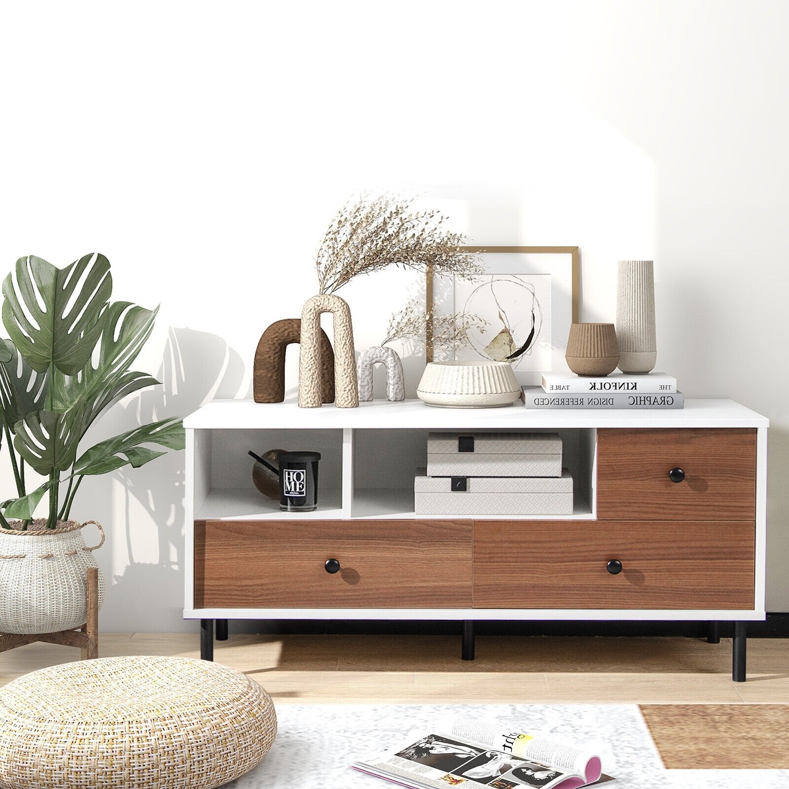 Mid-Century TV Stand for 50-inch TVs with 2 Cubbies and 3 Drawers, Brown & White Entertainment Centers & TV Stands   at Gallery Canada