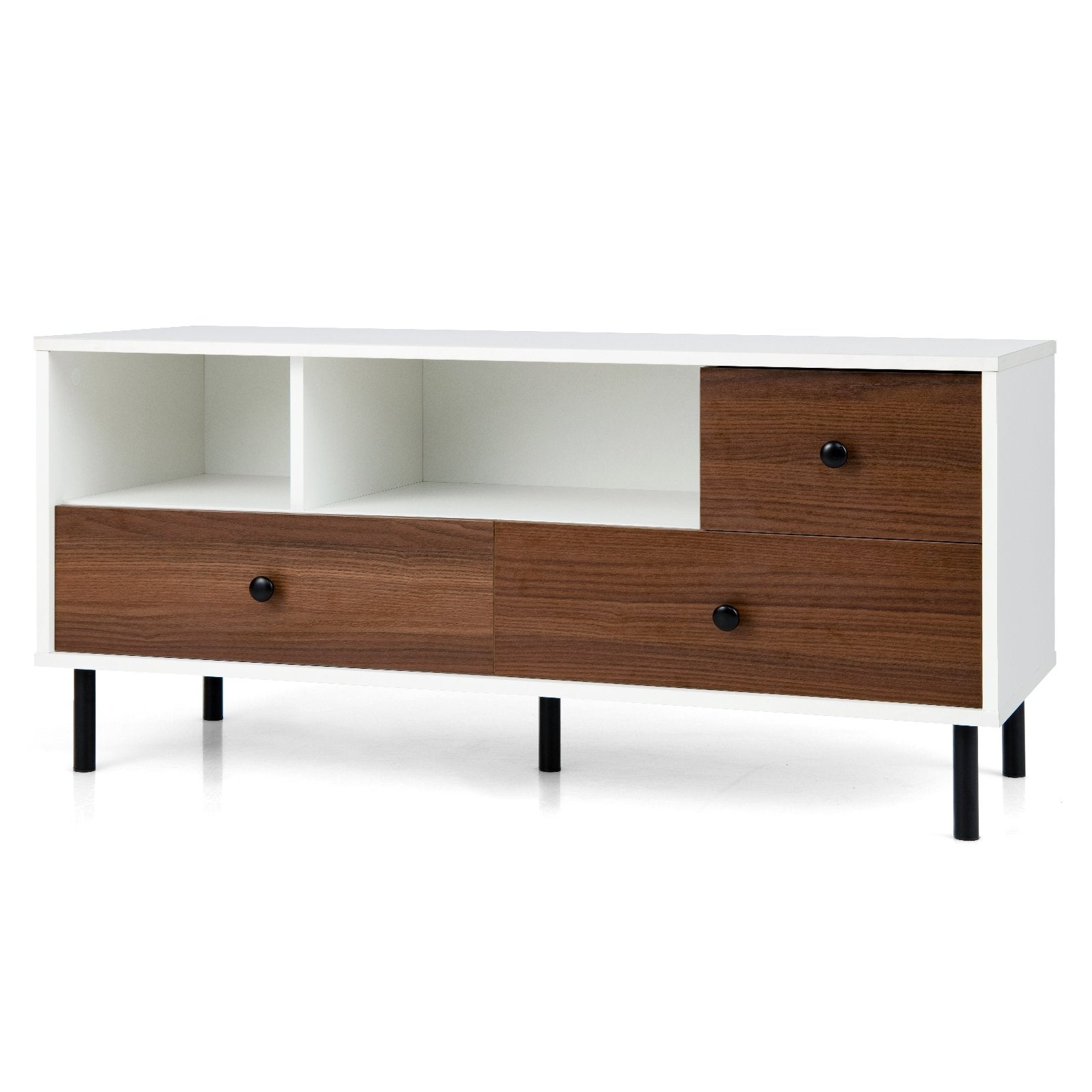 Mid-Century TV Stand for 50-inch TVs with 2 Cubbies and 3 Drawers, Brown & White Entertainment Centers & TV Stands   at Gallery Canada