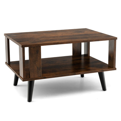 Compact Retro Mid-Century Coffee Table with Storage Open Shelf, Rustic Brown - Gallery Canada