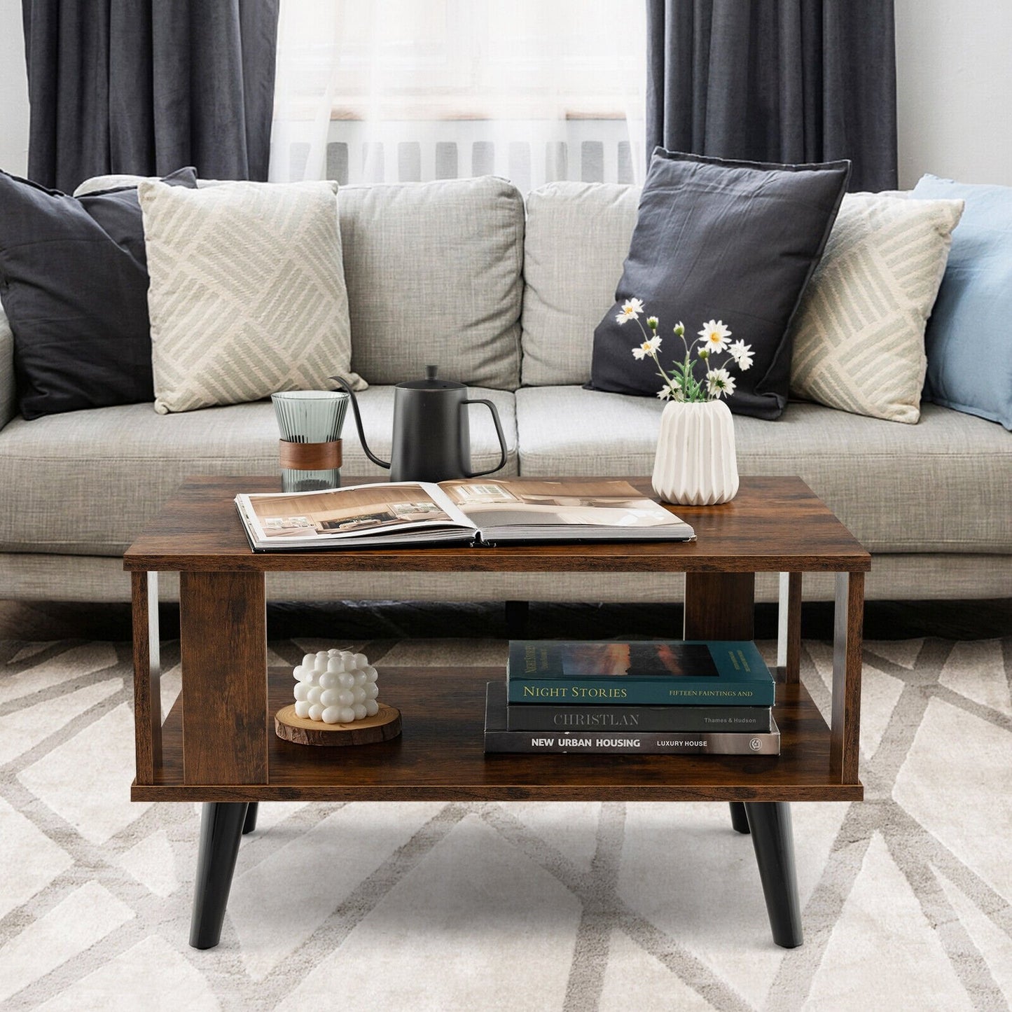 Compact Retro Mid-Century Coffee Table with Storage Open Shelf, Rustic Brown Coffee Tables   at Gallery Canada