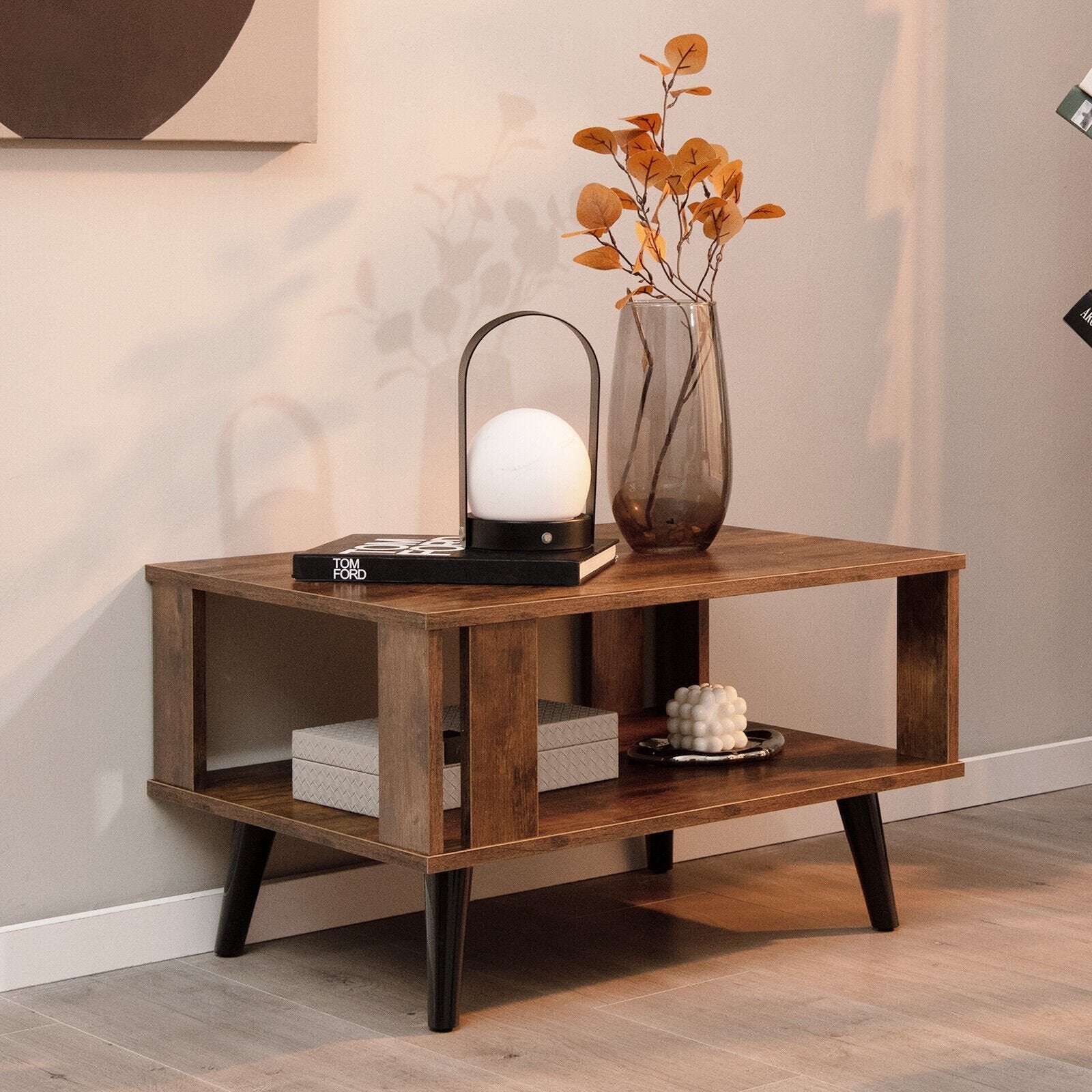 Compact Retro Mid-Century Coffee Table with Storage Open Shelf, Rustic Brown Coffee Tables   at Gallery Canada