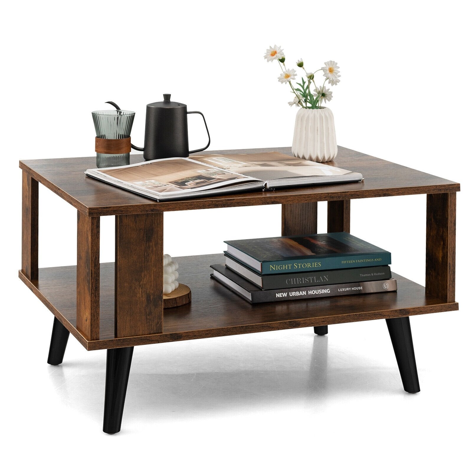 Compact Retro Mid-Century Coffee Table with Storage Open Shelf, Rustic Brown Coffee Tables   at Gallery Canada