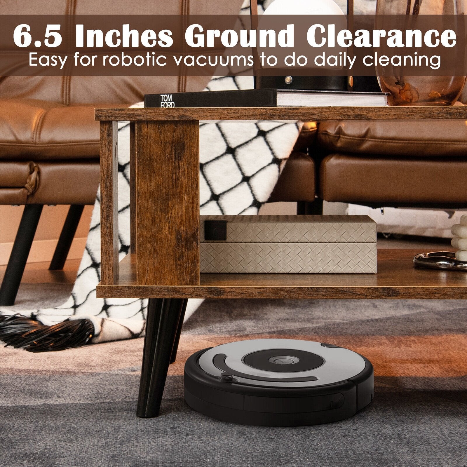 Compact Retro Mid-Century Coffee Table with Storage Open Shelf, Rustic Brown Coffee Tables   at Gallery Canada