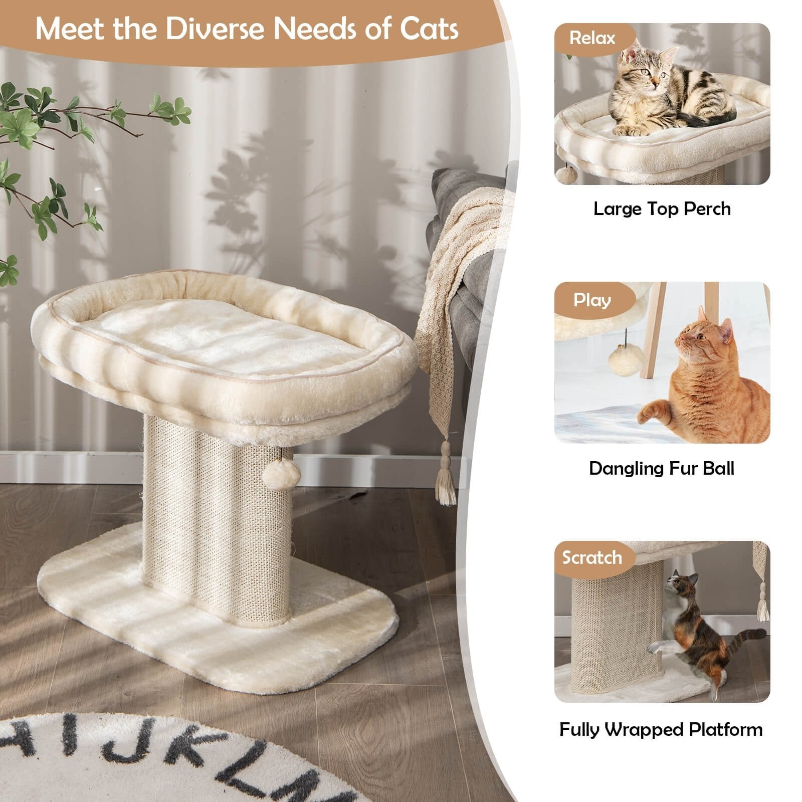 Modern Cat Tree Tower with Large Plush Perch and Sisal Scratching Plate, Beige Cat Trees Condos & Scratchers   at Gallery Canada