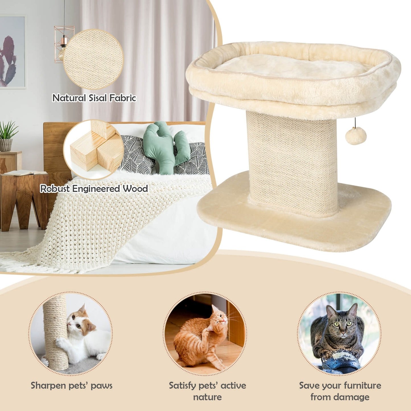 Modern Cat Tree Tower with Large Plush Perch and Sisal Scratching Plate, Beige Cat Trees Condos & Scratchers   at Gallery Canada