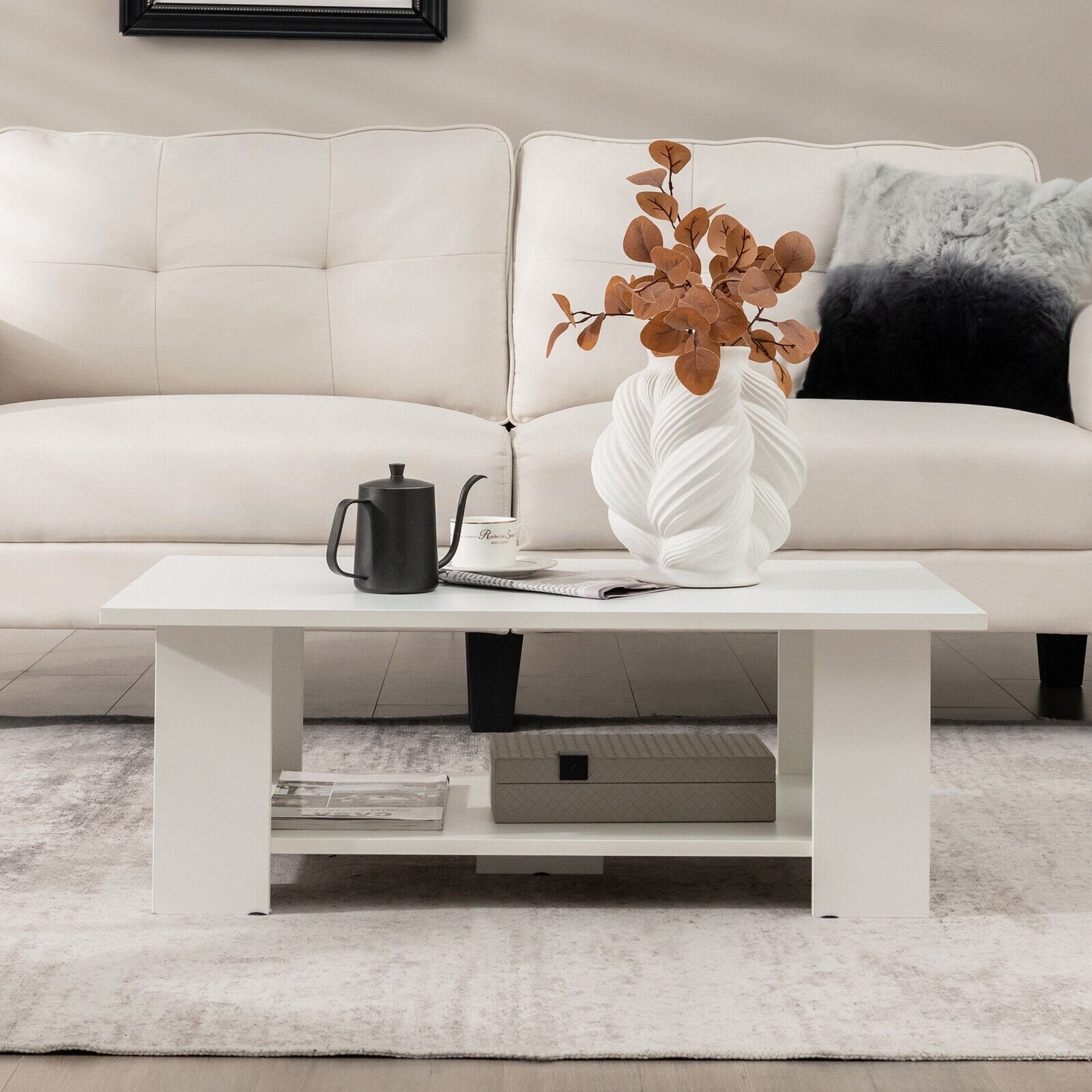 Large 36 Inch 2-tier Wooden Modern Coffee Table with Storage Shelf, White Coffee Tables   at Gallery Canada