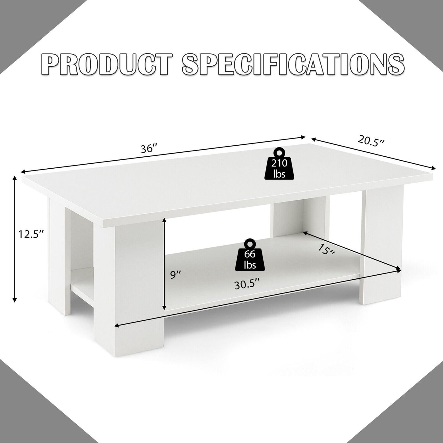 Large 36 Inch 2-tier Wooden Modern Coffee Table with Storage Shelf, White Coffee Tables   at Gallery Canada