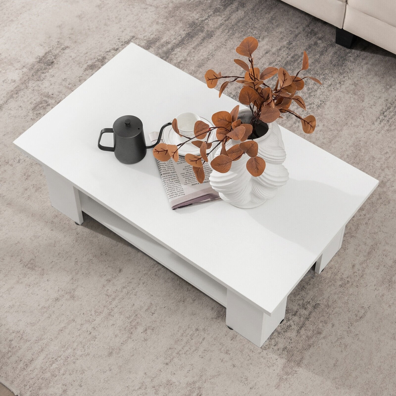 Large 36 Inch 2-tier Wooden Modern Coffee Table with Storage Shelf, White Coffee Tables   at Gallery Canada