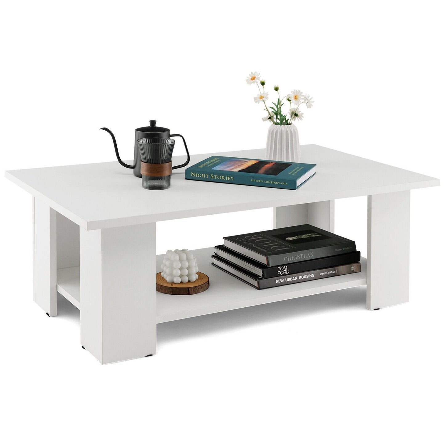 Large 36 Inch 2-tier Wooden Modern Coffee Table with Storage Shelf, White Coffee Tables   at Gallery Canada