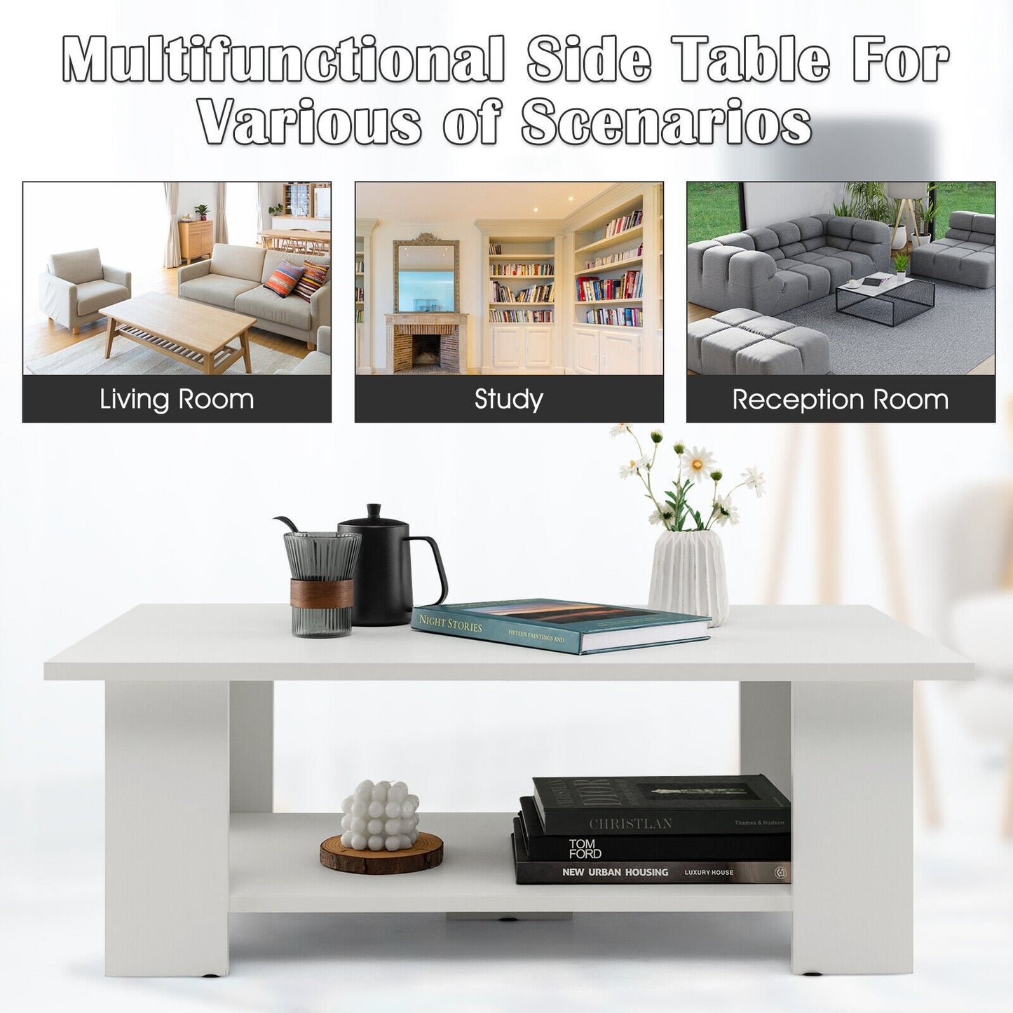 Large 36 Inch 2-tier Wooden Modern Coffee Table with Storage Shelf, White Coffee Tables   at Gallery Canada