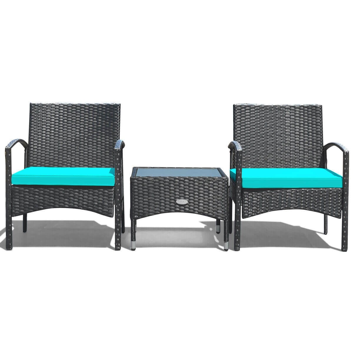 3 Pieces Patio Wicker Rattan Furniture Set with Cushion for Lawn Backyard, Turquoise Patio Conversation Sets   at Gallery Canada