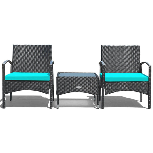 3 Pieces Patio Wicker Rattan Furniture Set with Cushion for Lawn Backyard, Turquoise