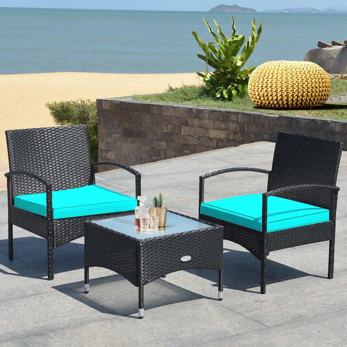 3 Pieces Patio Wicker Rattan Furniture Set with Cushion for Lawn Backyard, Turquoise Patio Conversation Sets   at Gallery Canada