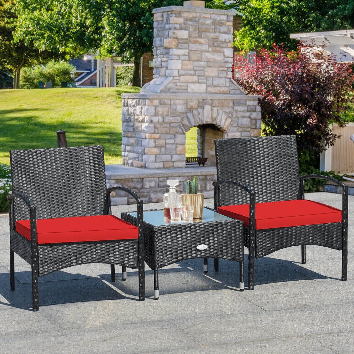 3 Pieces Patio Wicker Rattan Furniture Set with Cushion for Lawn Backyard, Red Patio Conversation Sets   at Gallery Canada