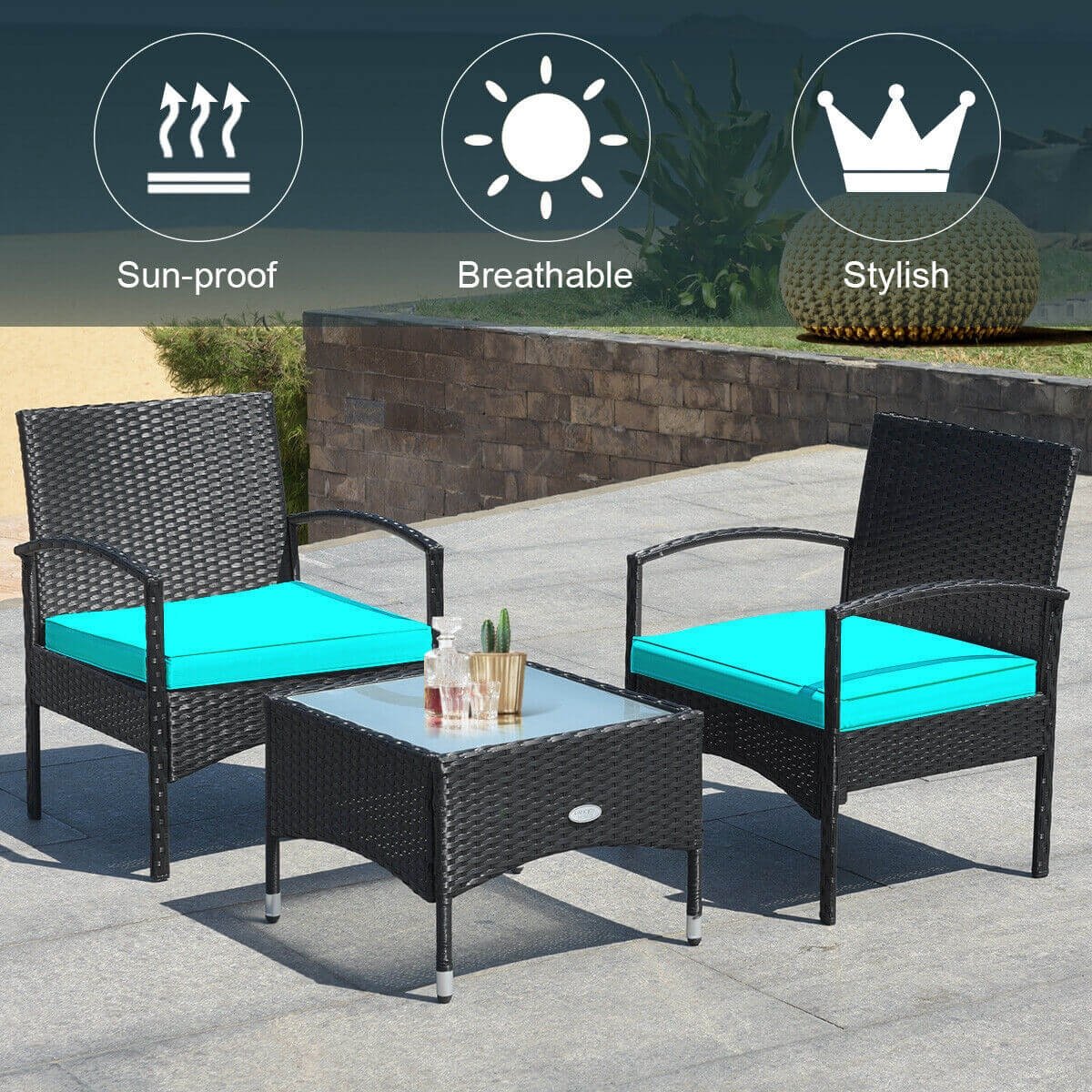 3 Pieces Patio Wicker Rattan Furniture Set with Cushion for Lawn Backyard, Turquoise Patio Conversation Sets   at Gallery Canada