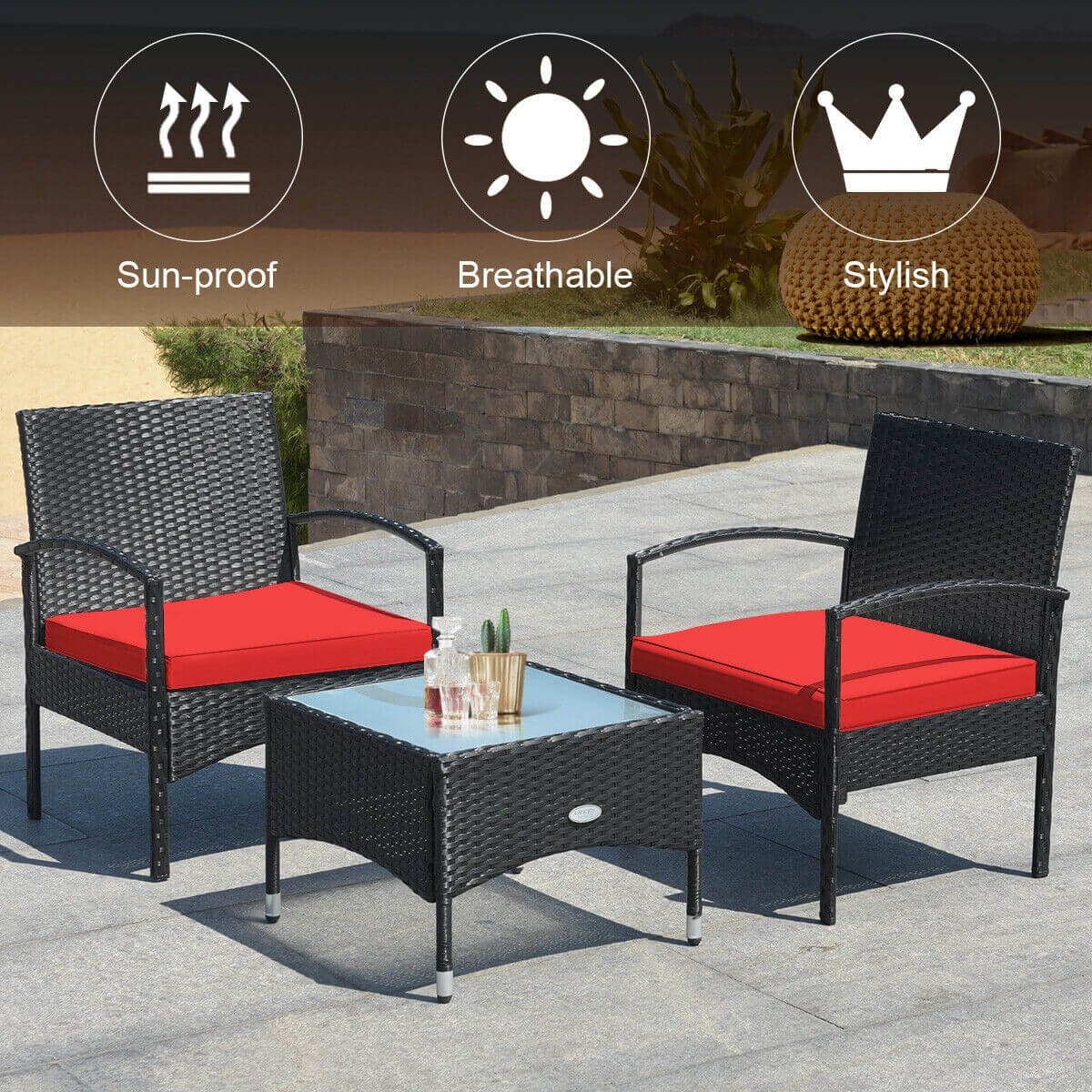 3 Pieces Patio Wicker Rattan Furniture Set with Cushion for Lawn Backyard, Red Patio Conversation Sets   at Gallery Canada