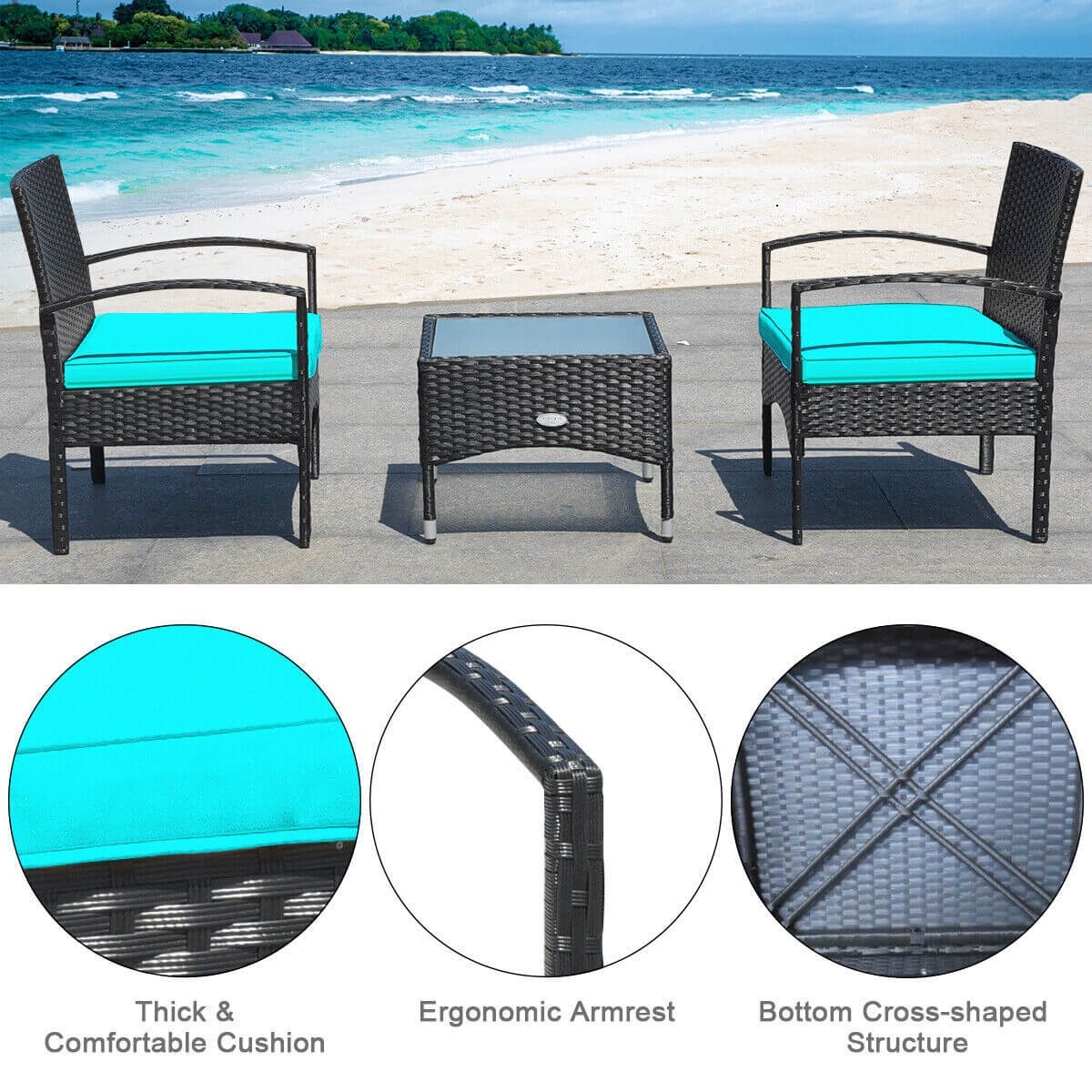 3 Pieces Patio Wicker Rattan Furniture Set with Cushion for Lawn Backyard, Turquoise Patio Conversation Sets   at Gallery Canada