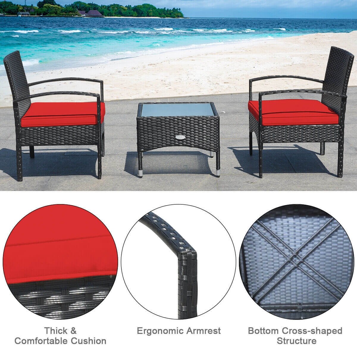 3 Pieces Patio Wicker Rattan Furniture Set with Cushion for Lawn Backyard, Red Patio Conversation Sets   at Gallery Canada