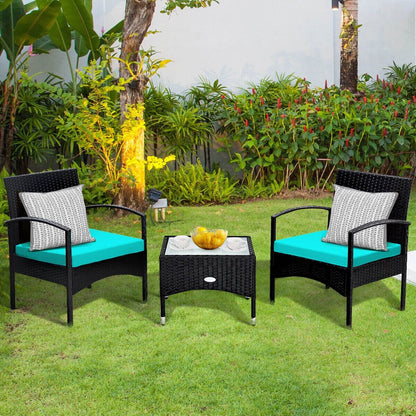 3 Pieces Patio Wicker Rattan Furniture Set with Cushion for Lawn Backyard, Turquoise Patio Conversation Sets   at Gallery Canada