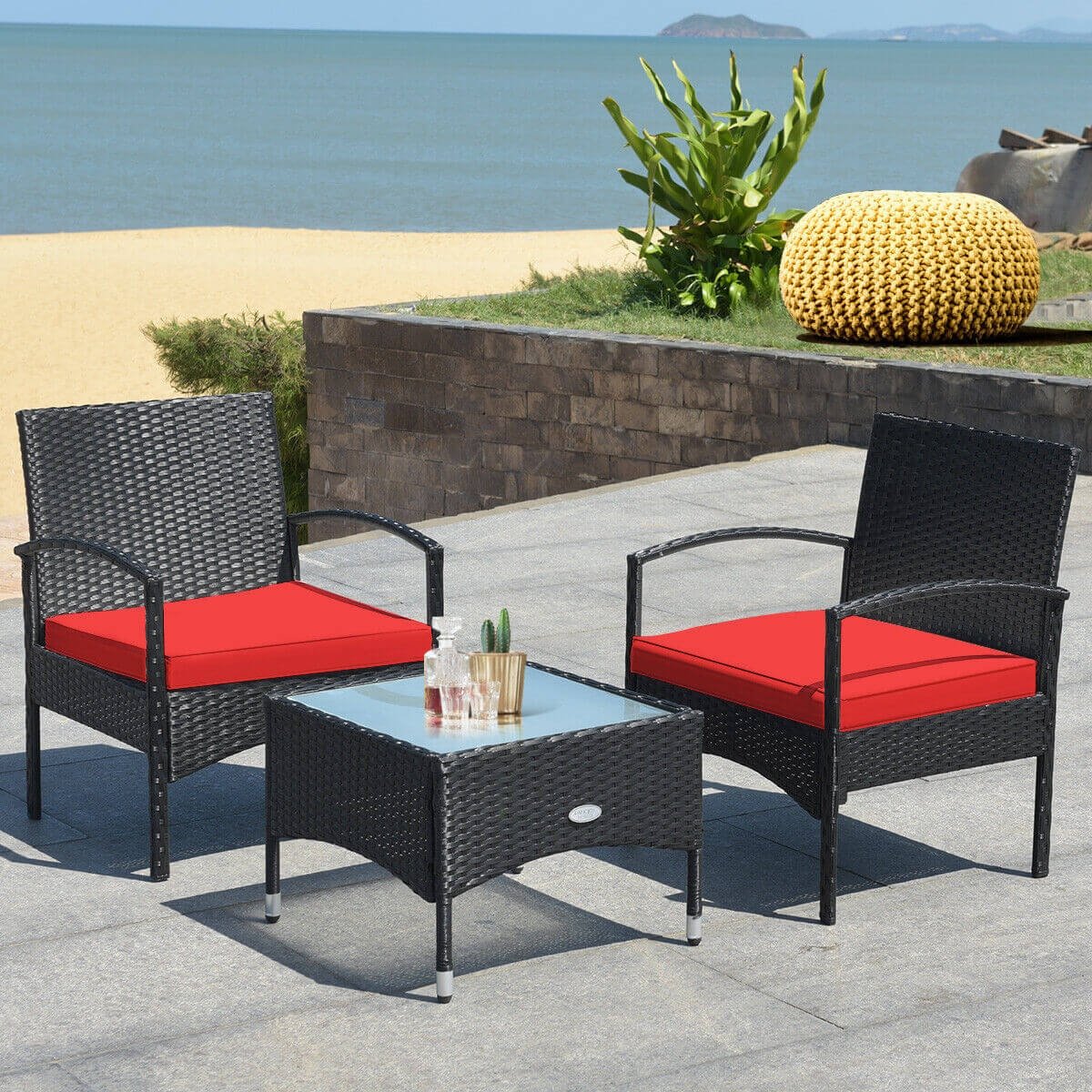 3 Pieces Patio Wicker Rattan Furniture Set with Cushion for Lawn Backyard, Red Patio Conversation Sets   at Gallery Canada